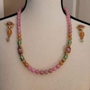 Elegant Pink and Green Beaded Necklace and Earring Set